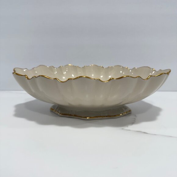VTG MCM Lenox Scalloped Edge Centerpiece Bowl Ivory 24K Gold Trim Trinket Dish - Picture 5 of 10